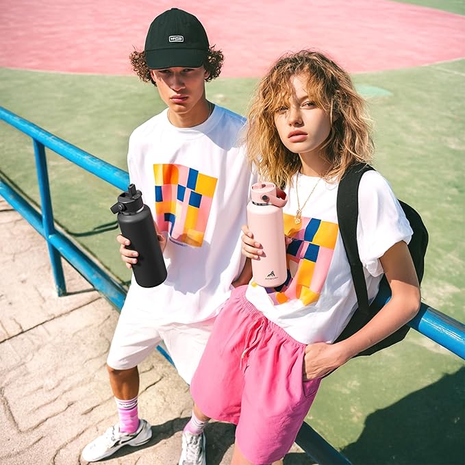 POWCAN 18 oz Water Bottle Insulated: Leakproof, Cold for 24H, CupHodler Friendly, Lid with Straw and Handle, Lightweight, Stainless Steel Water Bottle Kids for Camping, Gift for Girls (Cotton Candy)