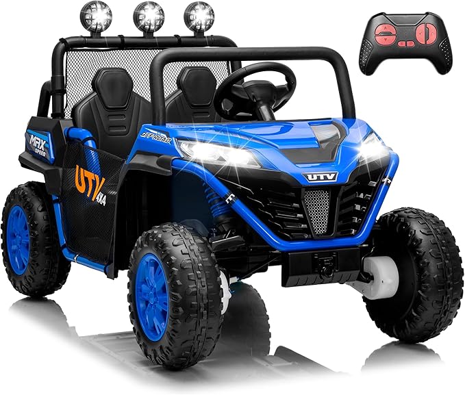 2 Seater 24V Ride On Toys for Big Kids, Electric UTV Car with Remote Control, 4-Wheeler Suspension, Side by Side Vehicle Max 110lbs, Soft Start, Bluetooth, Lights, Ride on Truck Kids 3 Years+, Blue