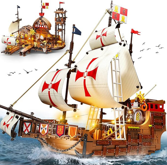HiWEEGO Santa Maria Ship Building Set with LED Lights, 2 in 1 Pirate Ship House Wharf Building Block Kit, 1253 PCS Adventure Merchant Ship Model Building Toy Gift for Adults Teens Boys Girls Ages 12+