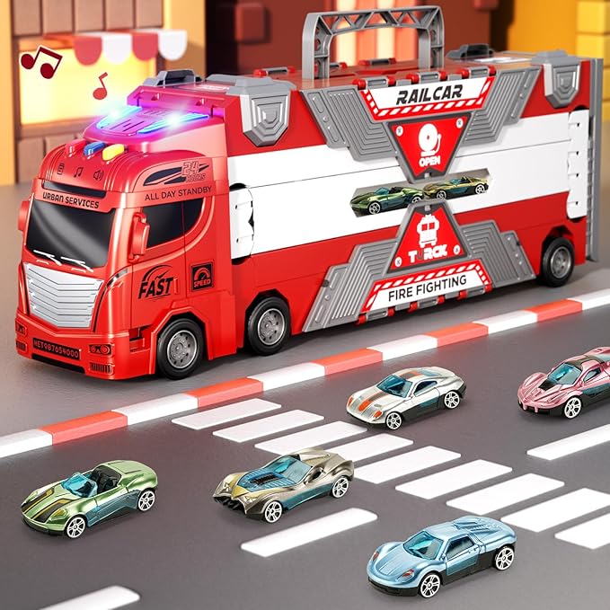 65-Inch Race Car Tracks and 20 Car Toys for Toddlers Boys Kids 1-3 4-7, Toy Trucks for Toddler 2 3 4 5 6 7 8 Years Old with Lights Sounds, Carrier Truck Toys Gift for Boys Girls Kids