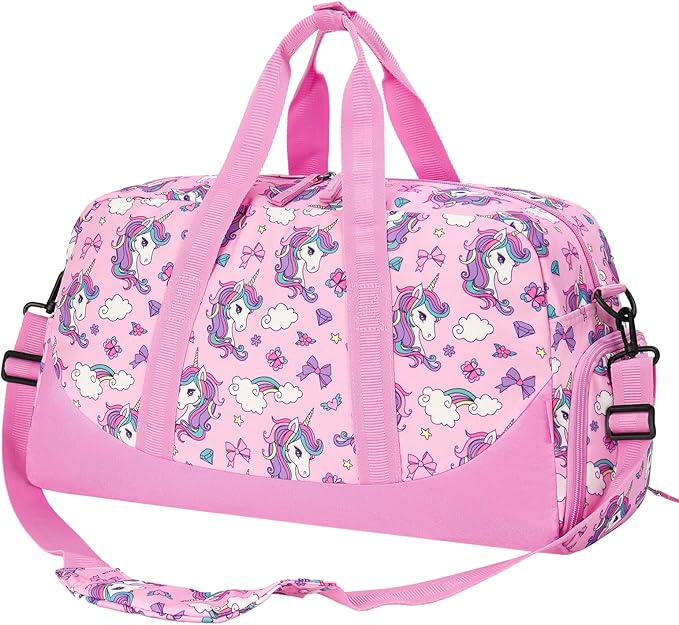 Choco Mocha Duffle Bag Kids Girls - Unicorn Overnight Bags for Kid with Shoes Compartment, Cute Weekender Bag for Sleepover Travel, Pink