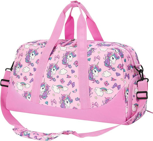 Choco Mocha Duffle Bag Kids Girls - Unicorn Overnight Bags for Kid with Shoes Compartment, Cute Weekender Bag for Sleepover Travel, Pink