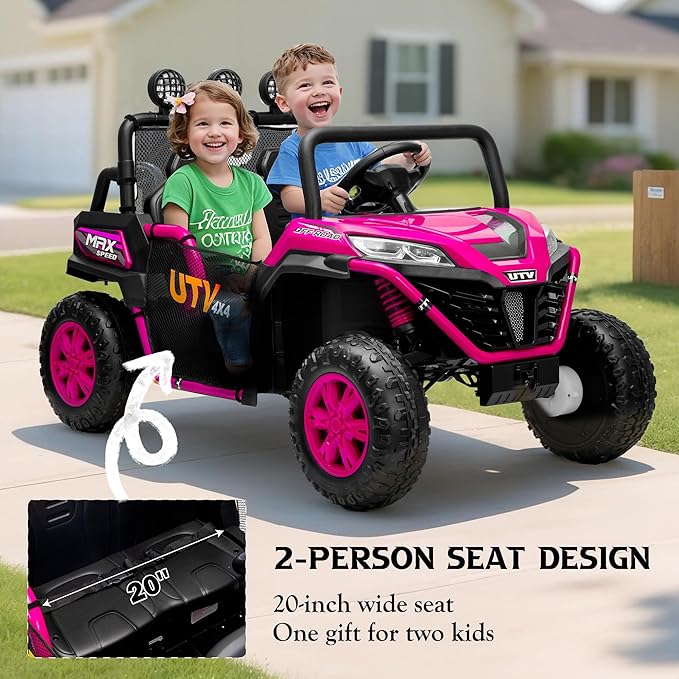 24V 2 Seater Ride on UTV Car, 4WD Ride on Toys for Kids with Remote Control, Shock Absorbers, LED Lights, Music, Off-Road Electric Car for Kids Boys Girls (Pink)