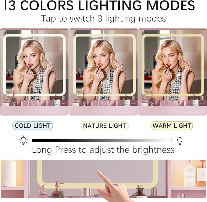 43'' Makeup Vanity with Mirror and Lights, Pink Vanity Desk with 7 Drawers & Charging Station, 3 Lighting Modes & Adjustable Brightness, Cushioned Stool, Dressing Table for Girls, Women, Teens