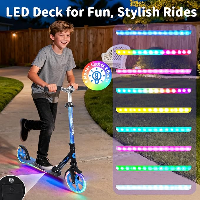 BELEEV V5 Plus Scooters for Kids Ages 6+, Teens with Light-Up Wheels & Deck, 2 Wheel Folding Lightweight Sport Scooter with 4 Adjustable Height, 8-inch Big Wheels, Carry Strap, Max Load 220 lbs
