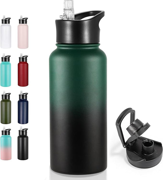 VEGOND 32 oz Insulated Water Bottle Stainless Steel Metal Water Bottles with Leak Proof Straw Lid & Spout Lid, Wide Mouth Double Walled Vacuum Travel Sports Bottle, Dark Green Black