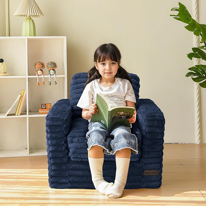 MAXYOYO Kids Bean Bag Chair, Comfy Faux Fur Bean Bag Sofa with Filler, Upholstered Floor Sofa with Pillows and Armrests, Lazy Floor Chair Couch for Boys and Girls, Navy