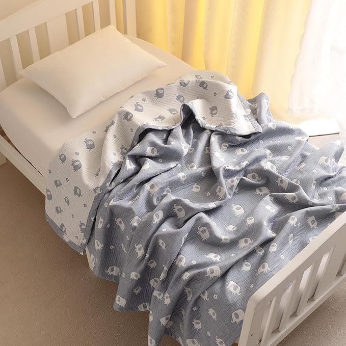 NTBAY 3 Layer Oversized Muslin Cotton Toddler Blanket, Jacquard Reversible Nursery Bed Blanket, Super Soft and Thermal for All Seasons, Baby Gift, 45"x60", Blue Elephant