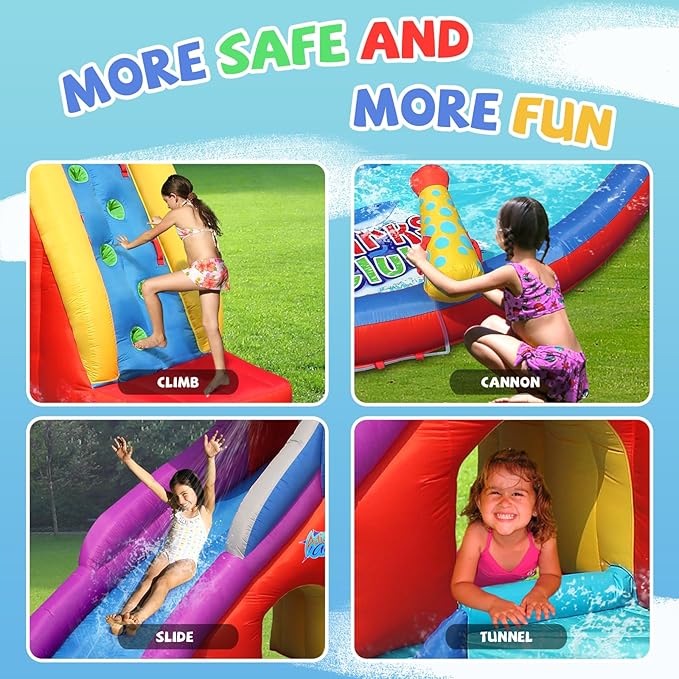 ACTION AIR Inflatable Water Slide, Red Shark Bounce House with Slide for Wet and Dry, Playground Sets for Kids Backyard, Water Spray, Water Pool, Durable Sewn with Extra Thick Material