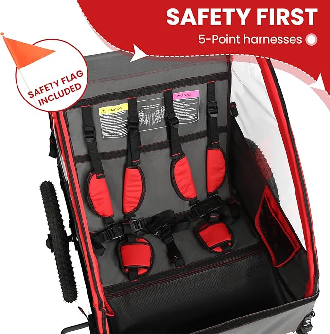 Sepnine Kids Bike Trailer, Suitable for 1 to 2 Kids, 12+ Months, Quick Attach to Bike, Foldable, with 5-Point Harness and Storage Bags