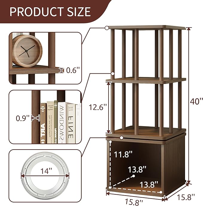 IOTXY 3-Tier Rotating Bookshelf Tower - Beech Wood Frame Spinning Bookcase with Storage Base, Compact Freestanding Revolving Shelf Organizer, Walnut