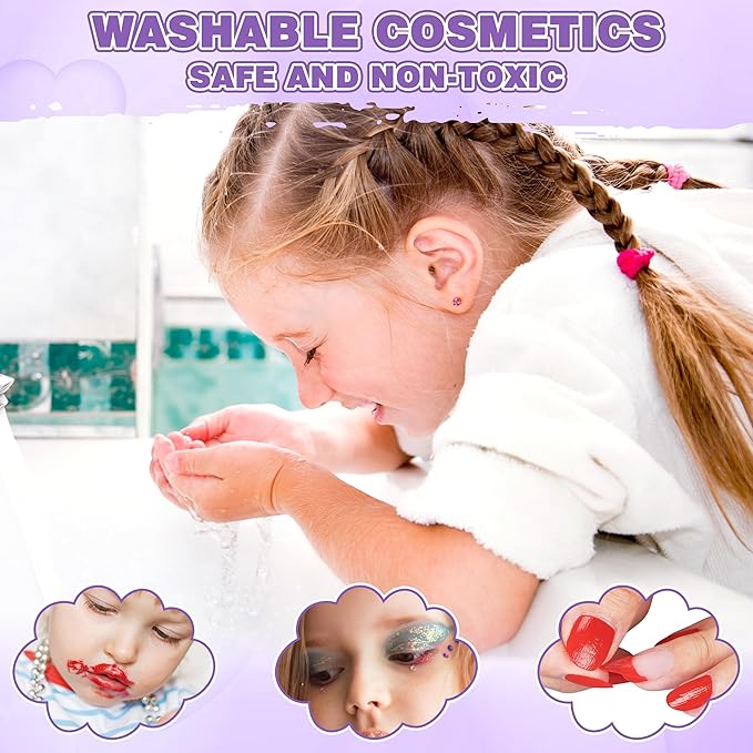 99 Pcs Kids Makeup Kit for Girls, Princess Toys Real Washable Cosmetics Set with Mirror, Hair Ties, Nails, Rings, Earrings, Necklace, Perfect for 3 4 5 6 7 8 Year Old Girls Birthday