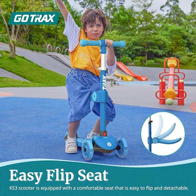 Gotrax KS3 Kids Kick Scooter, LED Lighted Wheels, Adjustable Height Handlebars and Removable Seat, Lean-to-Steer & Widen Anti-Slip Deck, 3 Wheel Scooter for Kids Ages 2-8 and up to 100 Lbs