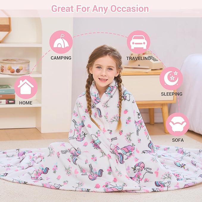 Viviland Kids Throw Blanket, Unicorn Print Blankets for Girls, Warm Lightweight Plush Throw Blanket Unicorn Fleece for Sofa Chair Couch Bed, for Kids, 50" x 60"