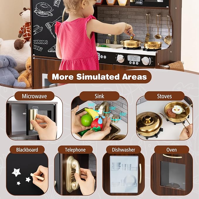 Costzon Kids Kitchen Playset, Wooden Pretend Cooking Toy Set w/Real Sound, Large Blackboard, Telephone, Microwave, Ice Maker, Dishwasher, Oven, Storage Space, Play Kitchen for Kids Ages 3+ (Brown)