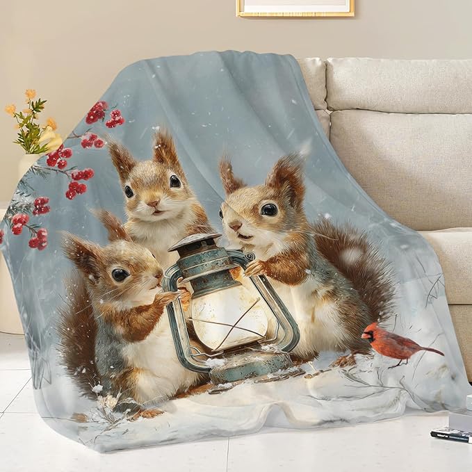 Squirrel Blanket Gifts for Girls Boys Christmas Winter Throw Blankets Cozy Plush Fleece Flannel Fuzzy for Women Men Decor 50"X40"