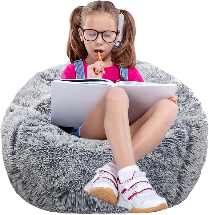 Fluffy Bean Bag Chair for Kids, 2.5FT Round Memory Foam Filled Bean Bag for Teens & Kids, Ultra Soft Faux Fur Fabric Bean Bag Chairs for Playroom, Living Room, Bedroom, Gray