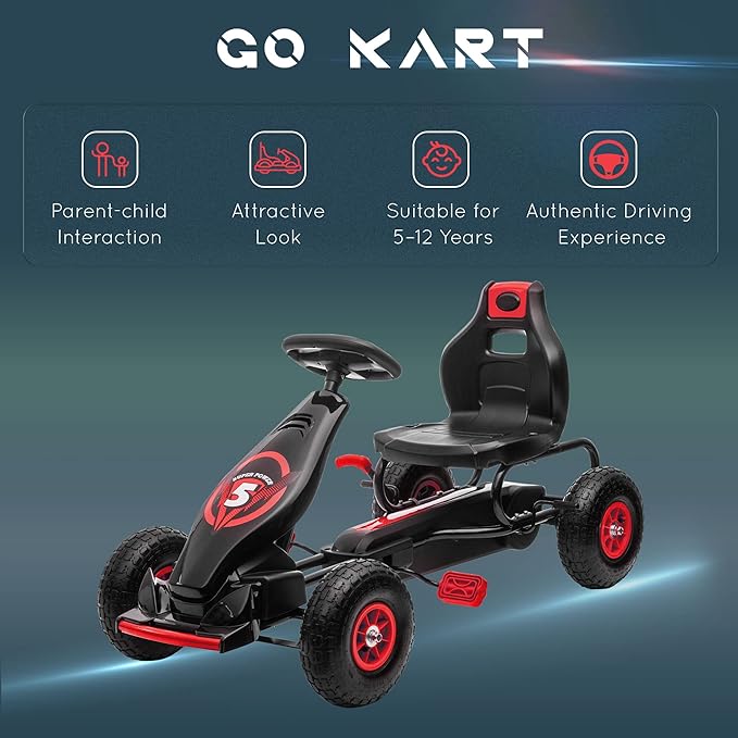 Aosom Kids Pedal Go Kart Ride-on Toy with Ergonomic Comfort, Pedal Car with Tough, Wear-Resistant Tread, Go Cart Kids Car for Boys & Girls with Suspension System, Safety Hand Brake, Ages 5-12, Red