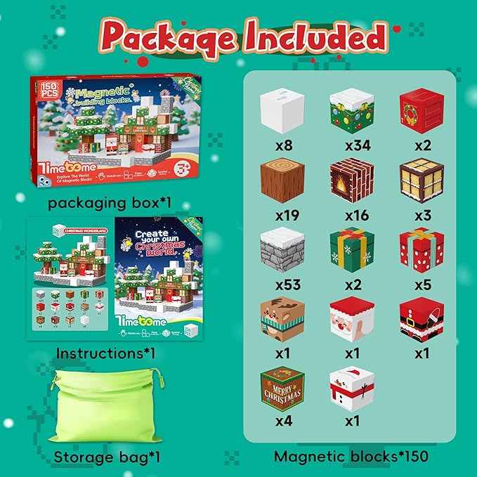 Magnetic Blocks, 150PCS Magnetic Building Block Cubes, STEM Montessori Sensory Toys for Kids Boys Girls Ages 3 4 5 6 7 8 9 10 (Christmas Version)