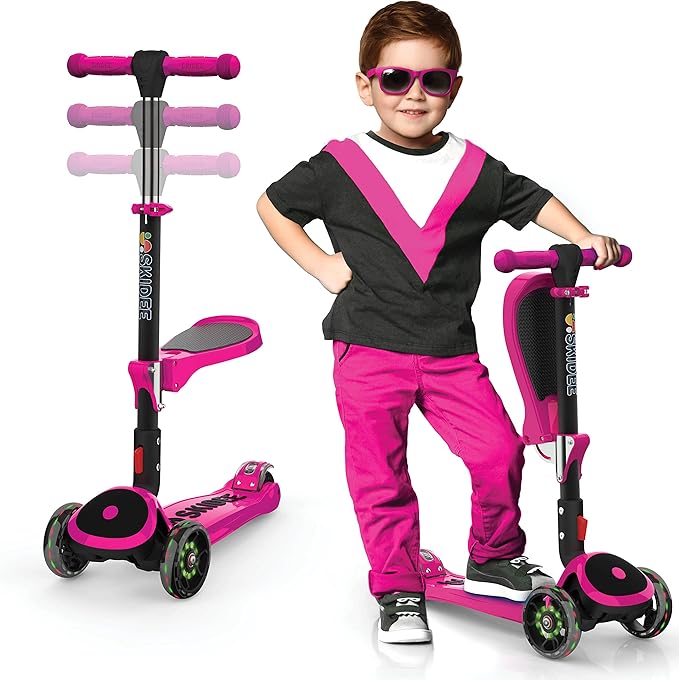 SKIDEE Kick Scooters for Kids Ages 3-5, Adjustable Height Foldable Scooter with Removable Seat, 3 LED Light Wheels, Rear Brake, Wide Standing Board, Suitable Up to 12 Year Old Boys/Girls