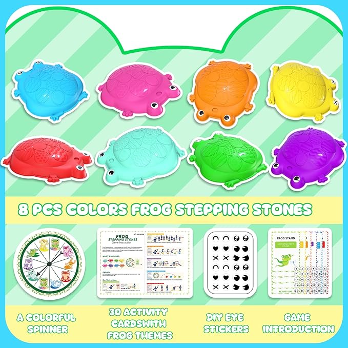Stepping Stones for Kids, 8 Pcs Frog Non-Slip Balance Steps Stones Sensory Toys for Toddler Ages 3-5, Obstacle Course Coordination Game, Indoor Outdoor Yard Games for Boys Girls