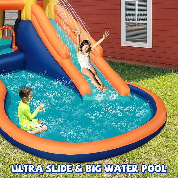 Action Air Water Slide - Inflatable Bounce House with Blower for Indoor & Outdoor - Jump Bouncy Castle with Slide - Big Bouncy Area, Big Pool, Love for Kids
