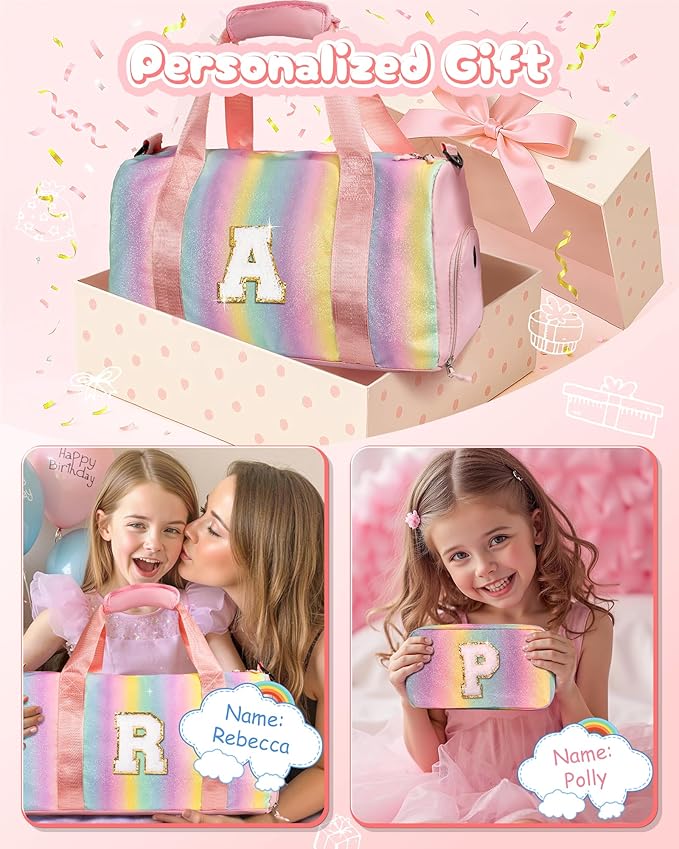 Birthday Gift for Daughter-Girl Gym Bag with Shoe Compartment, Kid Weekender Dance Bags, Initial Tote with Makeup Pouch, Gifts for 5 6 7 8 9 10 11 12 Year Old Girls-Christmas Gifts (Letter A)