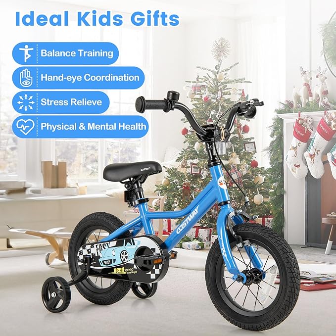 COSTWAY 12/14/16/18 Inch Kids Bike, Boys & Girls Training Bike w/Removable Training Wheels, Pneumatic Tires, Adjustable Handlebar & Seat, Dual Brake System, Children Toddler Bicycle for 3-8 Years Old