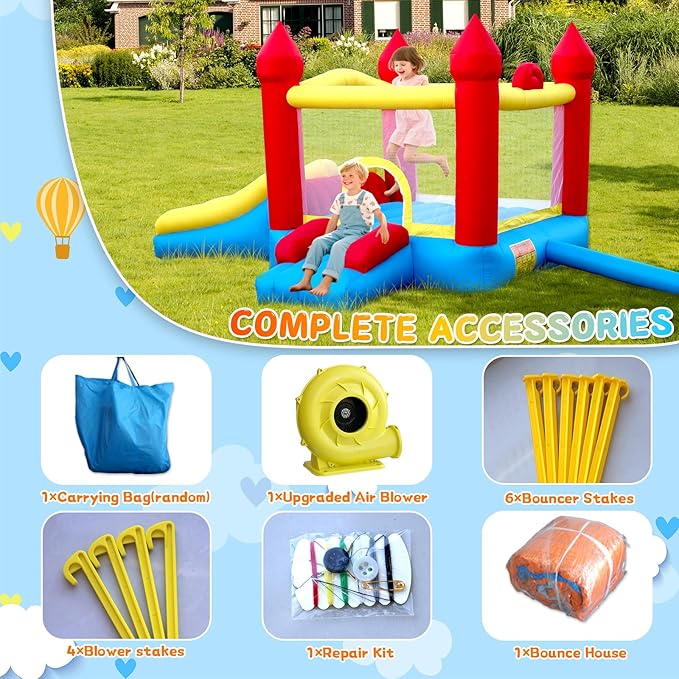 Dual Slide Bounce House, Inflatable Bouncy Castle with Blower, 5in1 Indoor Outdoor Children's Bouncer Jumper Playhouse w/Basketball Rim and Carry Bag, for Kids 3-12 (12‘D x 10’W x 6.7‘H)
