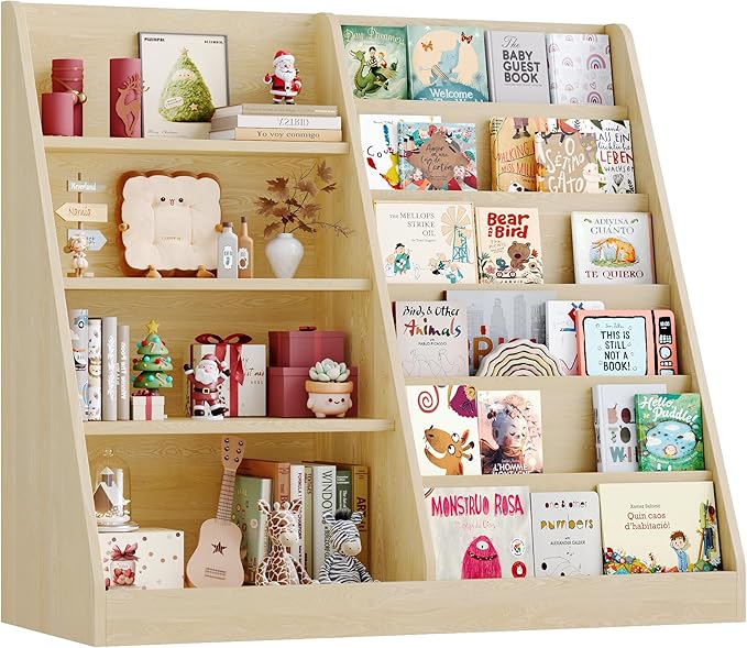 6 Tier Kids Bookshelf and Toy Storage Organizer, Child-Friendly Height & Stable Triangle Design, Toddler Book Shelf for Kids Room, Playroom, Bedroom, Classroom, Nursery, School, Natural