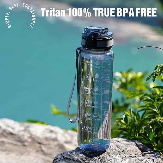 OLDLEY Water Bottle, 32oz Motivational Sports Water Bottle with Time Marker - Times to Drink - Tritan, BPA Free, Wide Mouth Leakproof,Smoke Grey (1 Bottle)