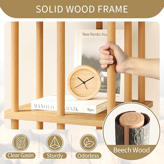 IOTXY 4-Tier Rotating Bookshelf Tower - Beech Wood Frame Spinning Bookcase with Storage Base, Tall Freestanding Revolving Shelf Organizer, Oak