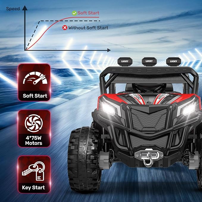 ANPABO 24V Ride on Toys for Big Kids w/Remote Control, 4X75W Motors, Max 4.5MPH, 4WD/2WD Switchable, 4 Shock Absorbers, 19" Spacious Seat, Bluetooth, Electric Car for Kids(Red)