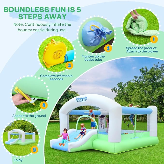 Large Bounce House for Big Kids, 14.8 x 14.5 FT Inflatable Bouncer Jumper Slide with 650W Blower, Basketball Hoop, Throw Ball Game, Ball Pits White