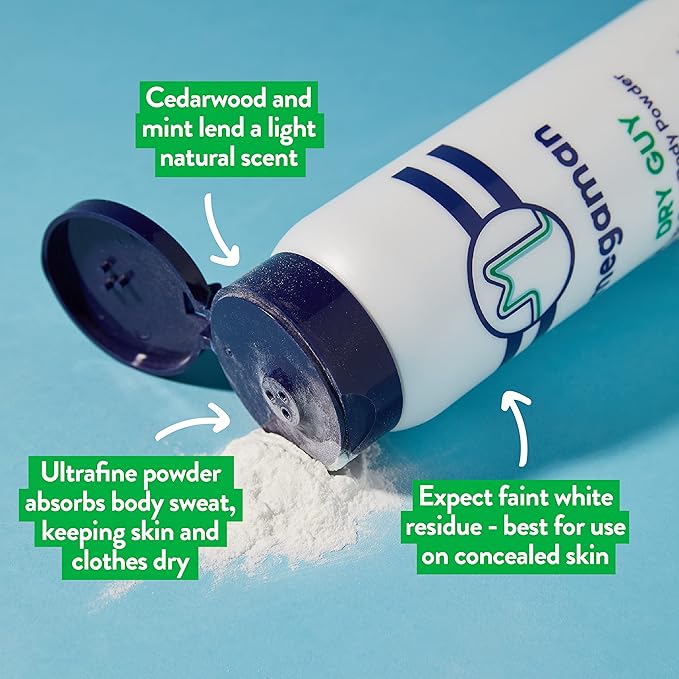 Megaman Sweat Absorbing Body Powder - Dry Guy | Prevents Chafing & Odor | Groin, Body, Feet & More | Talc-Free, All Natural | 6 oz