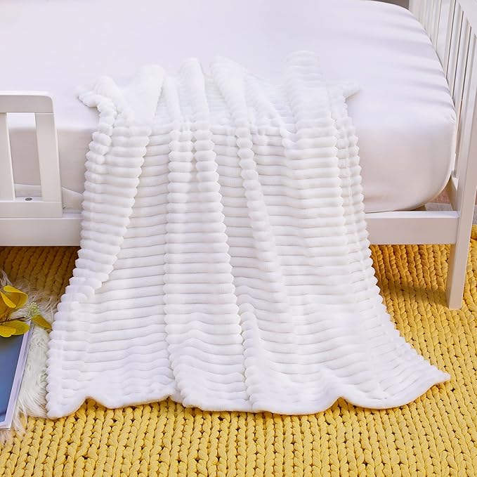 NTBAY Plush Flannel Baby Blanket, Soft and Warm Toddler Blanket with Striped Texture for Stroller, Crib, Travel, 30x40 Inches, White