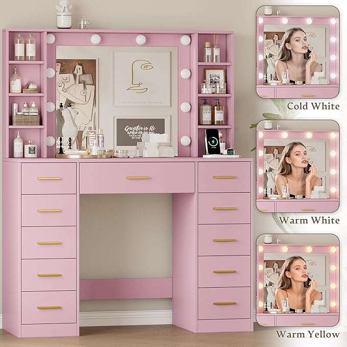 Makeup Vanity with Drawers, 43" Pink Vanity Desk with Mirror and Lights, 11 Drawers & 4 Shelves, Power Outlet & Adjustable LED Lights, Dressing Table for Women & Girls Bedroom