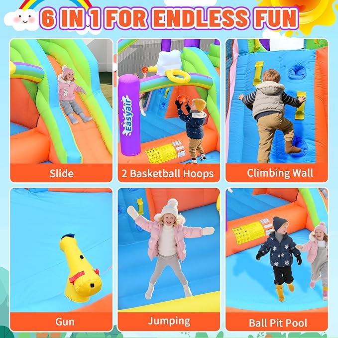 Inflatable Bounce House Water Slide for Kids, Rainbow Cloud Splash Pool, Indoor Or Outdoor Bouncy Castle, Climbing Wall, 2 Basketball Hoops, Included Blower (Orange, 154" L x 144" W x 94" H)