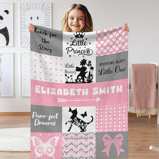Custom Baby Girl Blanket with Name Personalized Soft Throw Blanket Gift for Newborn, Toddler, Teens to Adult for Birthday, Baby Shower, Christmas (A-design01)