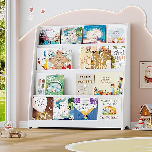 4 Tier Kids Bookshelf and Toy Storage Organizer, Child-Friendly Height & Stable Triangle Design, Toddler Book Shelf for Kids Room, Playroom, Bedroom, Classroom, Nursery, School, White