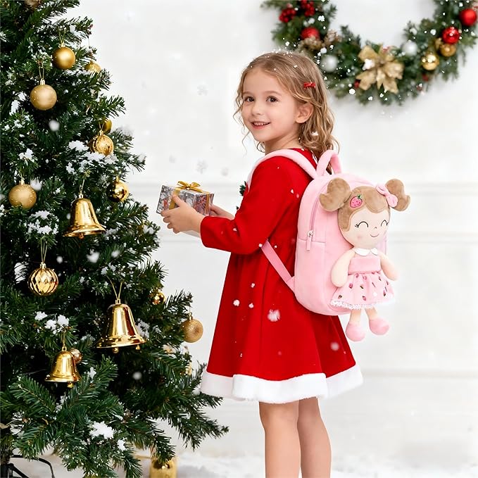 Gloveleya Kids Backpack for Girls backpacks Plush bag with Soft doll for Toddler baby Strawberry 9 Inches