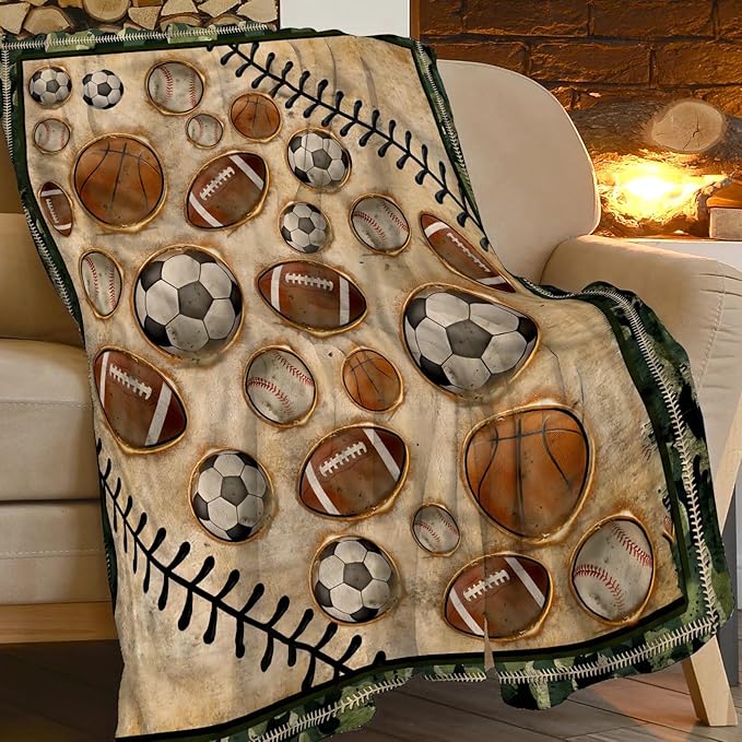 Vintage Sports Soccer Blanket Ultra Soft Cozy Plush Baseball Basketball Football Throw Blanket Sport Ball Fans Lovers Gifts Kids Adults Lightweight Flannel Comfy Blankets for Couch Sofa Bed 80"x60"