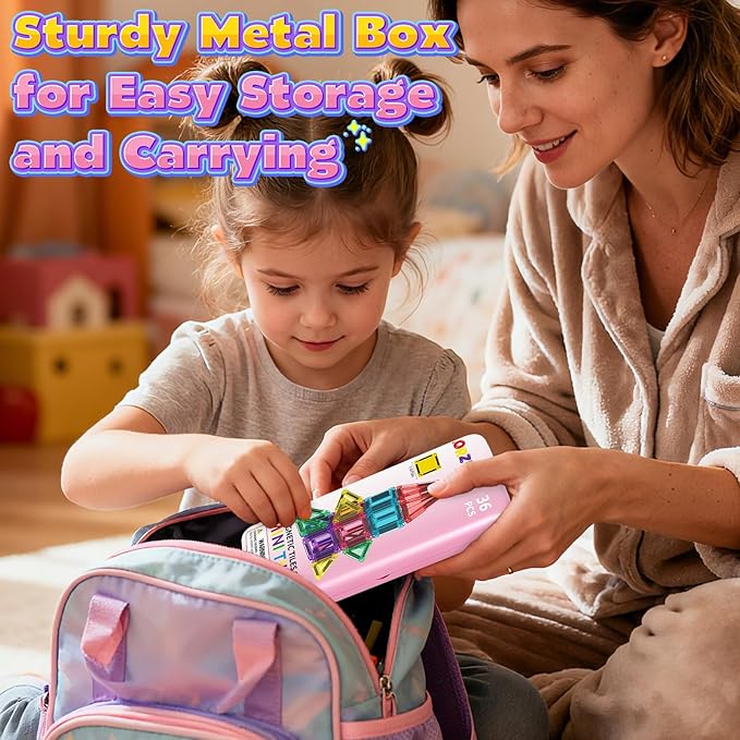 Mini Magnetic Tiles Toddler Travel Essentials Set with Case, Magnetic Blocks Building Montessori Educational Learning Sensory Preschool Toys for 3+ Year Old Boys Girls Birthday Gifts