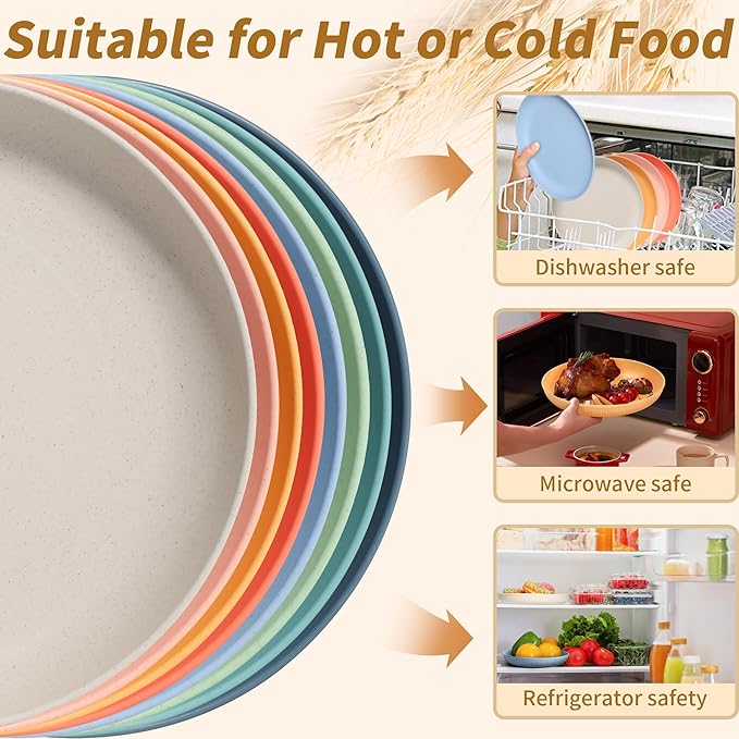 8 PACK 9 Inches Lightweight Wheat Straw Plates,Wheat Straw Fiber Lightweight Unbreakable Dinner Plates, Microwave and Dishwasher Safe, Plates Easy to Clean & Reusable