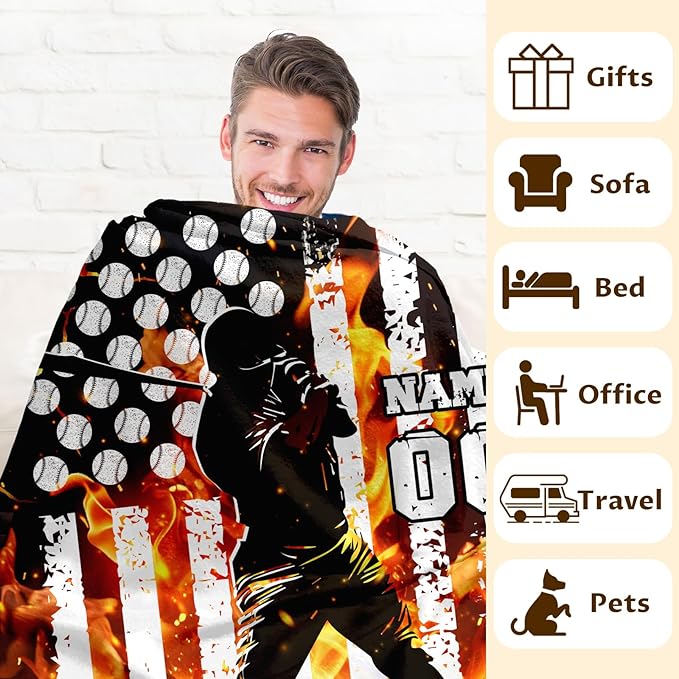 Personalized Name Blanket for Boys, Baseball Throw Blanket Gift for Kids Teens Baseball Lovers, 50x40 Inches Sport Blankets for Couch Sofa Bed