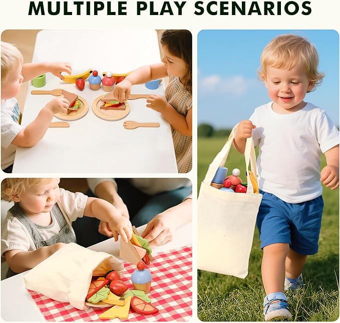 PairPear Wooden Play Food Set for Kids Kitchen, 32 Pcs Pretend Play Toys Picnic Playset with Shopping Bag, Toddler Cutting Food Toys Play Kitchen Accessories Gift for Girls Boys Age 3+