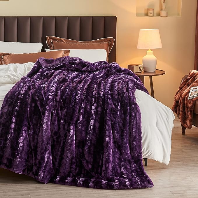 NEWCOSPLAY Super Soft Faux Fur Throw Blanket for Couch Dark Purple Fuzzy Plush Warm Blanket for Sofa Bed (Dark Purple, Throw(50"x60"))