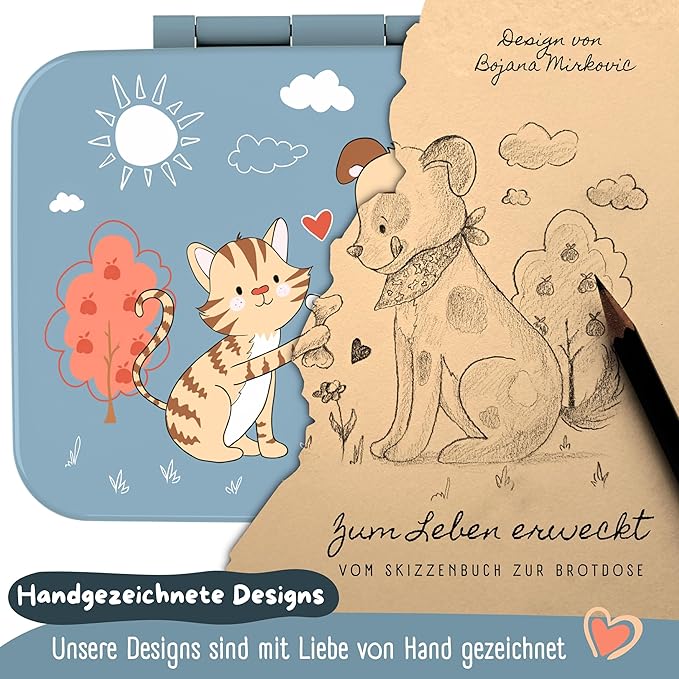 BEARFOOT Kids Lunch Box with Compartments – Compact & Lightweight | Leak-Proof, BPA-Free, Dishwasher & Microwave Safe | Hand-Drawn Design for Preschool, School, Travel (Dog & Cat Blue, 2.75 Cups)