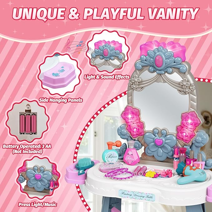 VViN Kids Vanity Set for Girls with Light & Music, Princess Vanity Table with Stool, Pretend Makeup Dresser with Crown, Scepter, Gloves & Jewelry Accessories, Toys for 3 4 5 Year Old