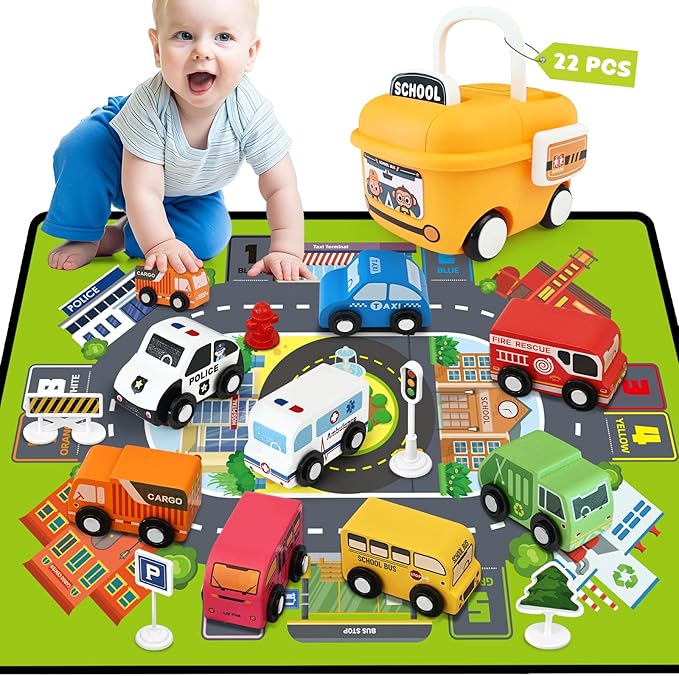 Toddler Car Toys, Wooden Cars Toys for Boy, 22 PCS Cars and Trucks Toy Vehicles Set with Traffic Signs, Playmat, Storage Box, Wood Montessori Toys for Toddlers Baby Birthday Educational